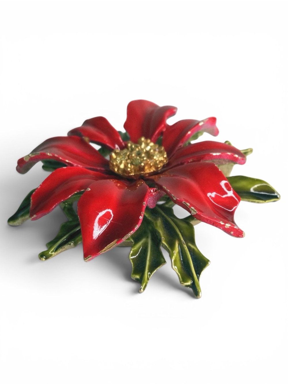 Vintage Signed ARTHUR PEPPER Red Enamel Poinsettia Holiday Brooch – Gold‑Tone - Picture 8 of 12